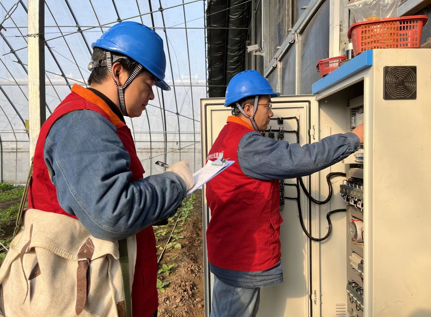 供电人员排查大棚内外用电安全隐患