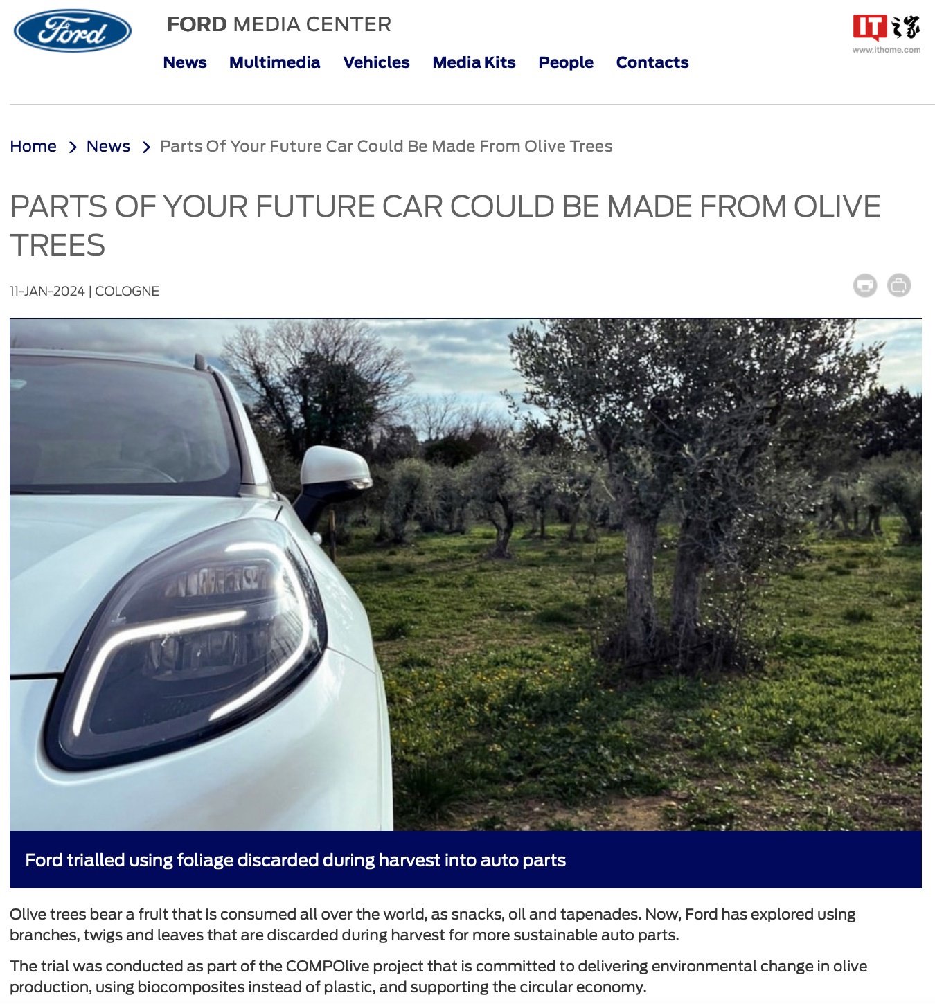 利用橄欖樹枝及回收塑料製造汽車零件，福特公布 COMPOlive 研究項目
