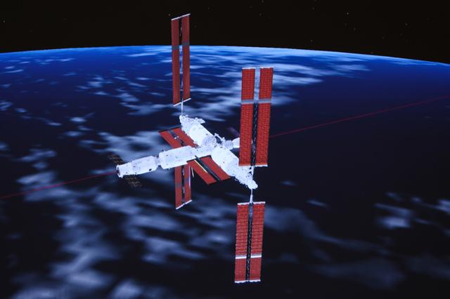1月18日，天舟七号货运飞船与空间站组合体完成交会对接的模拟图像。 新华社 韩启扬 摄