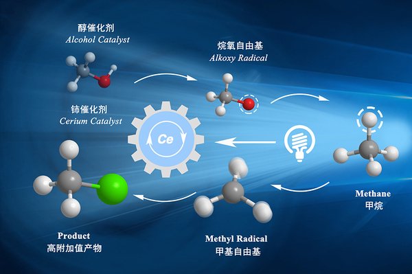光促铈催化甲烷碳氢键官能团化反应示意图。