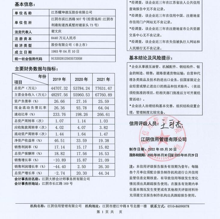 图片来源：《江苏耀坤液压股份有限公司信用报告概述》截图