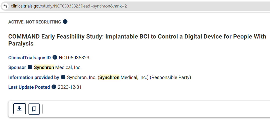 Synchron的临床试验信息 图片来源：Clinicaltrials.gov 
