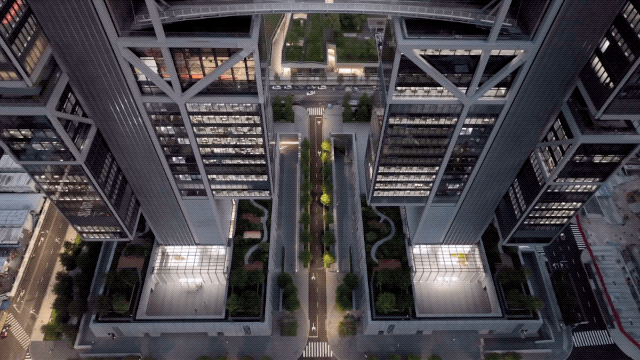 ▲“大疆天空之城”建筑，全球首例高度超过 200 米的非对称悬挂钢结构超高层建筑。图源：一起设计