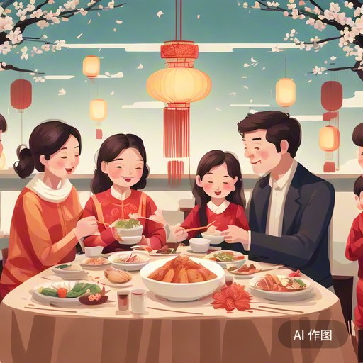 ai生成图画:春节期间一家人开心聚餐 (来源于"文心一言",生成后微调