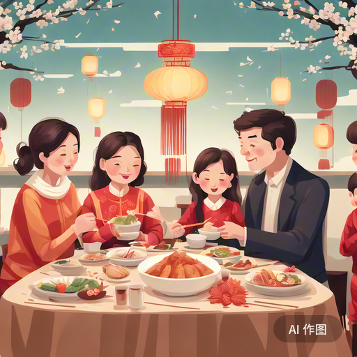 ai生成图画:春节期间一家人开心聚餐 (来源于"文心一言",生成后微调