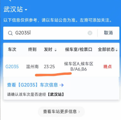 12306显示，秦越所坐的G2035次列车将于23:25发车。受访者供图