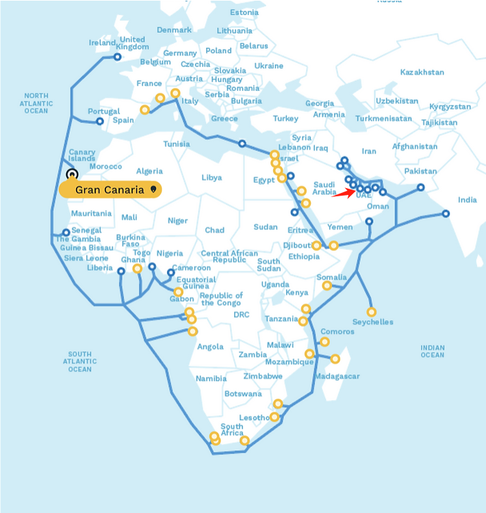 注：2Africa项目示意图，黄点为已完成的登陆点 蓝点为规划登陆点