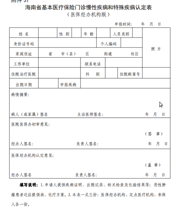 图为海南省《海南省基本医疗保险门诊慢性疾病和特殊疾病认定表》