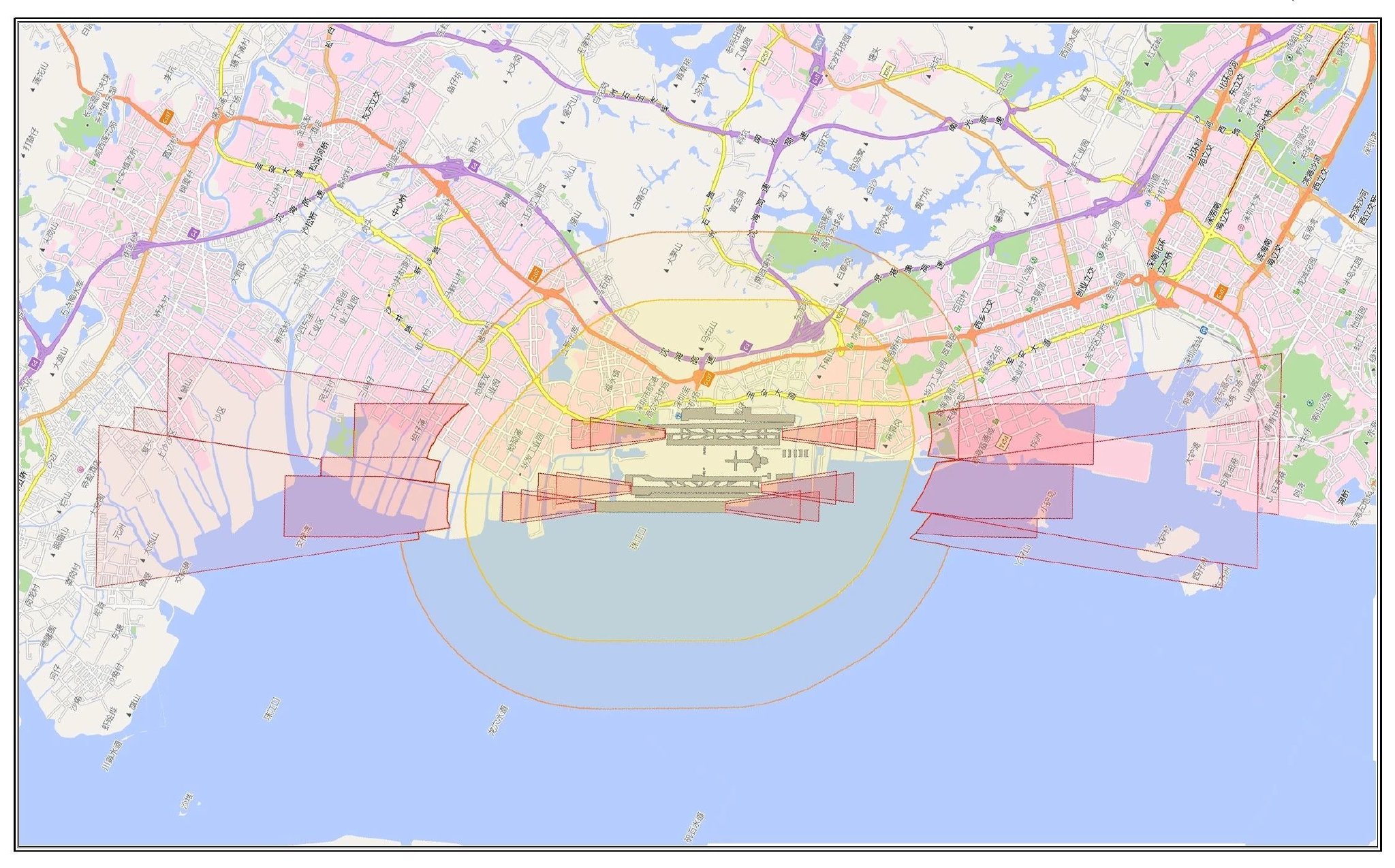 深圳机场周边严控禁飞区示意图（图中阴影部分）。