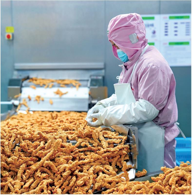 2月6日,在杨凌希望食品深加工基地项目生产车间,加工后的小酥肉金黄
