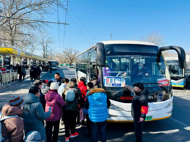 今天11时,游客正在排队准备乘坐通游专线14路公交车