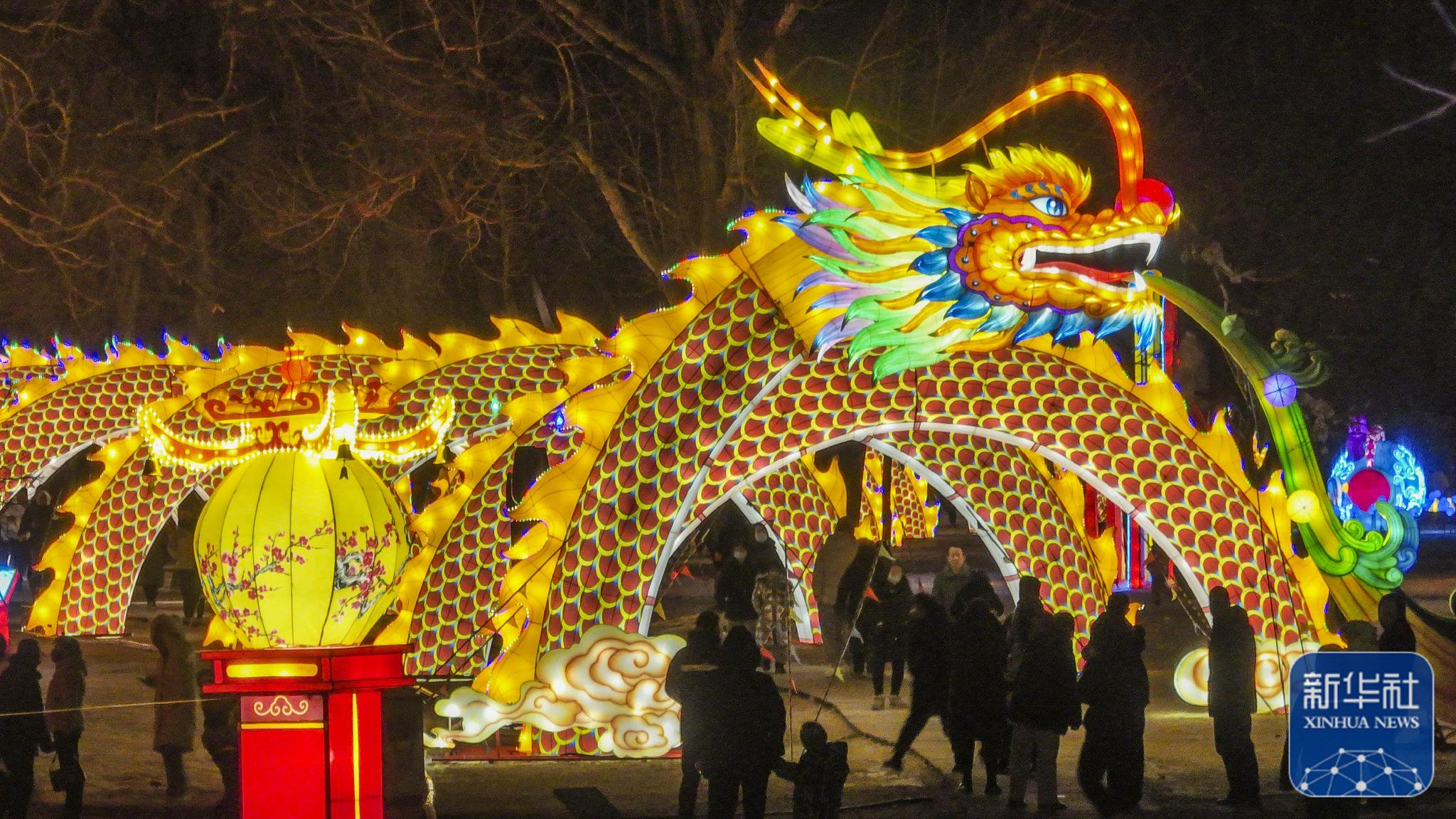2月11日拍摄的河北省承德市避暑山庄新春灯会上的龙灯(无人机照片).