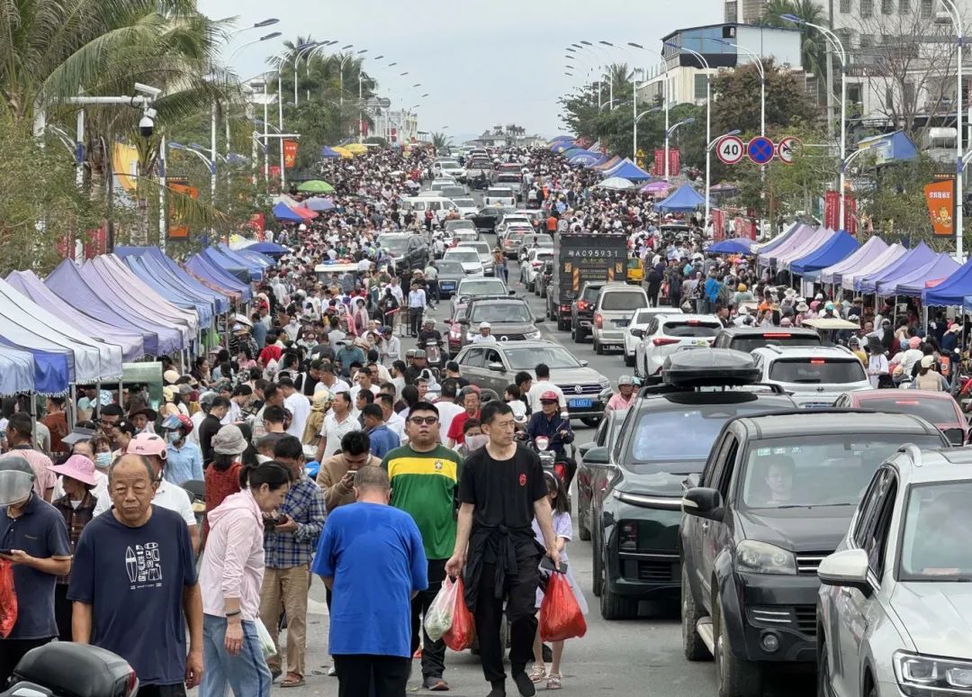 2月6日,众多市民游客还有部分私家车正穿行在位于三亚市海棠区的升