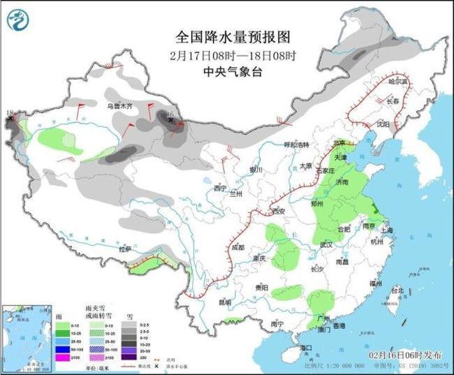 全国降水量预报图(2月17日08时-18日08时)