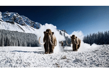 Sora生成的视频：几只巨大的猛犸象穿过一片白雪覆盖的草地，长毛在风中轻轻飘动，远处是白雪覆盖的树木和大山。