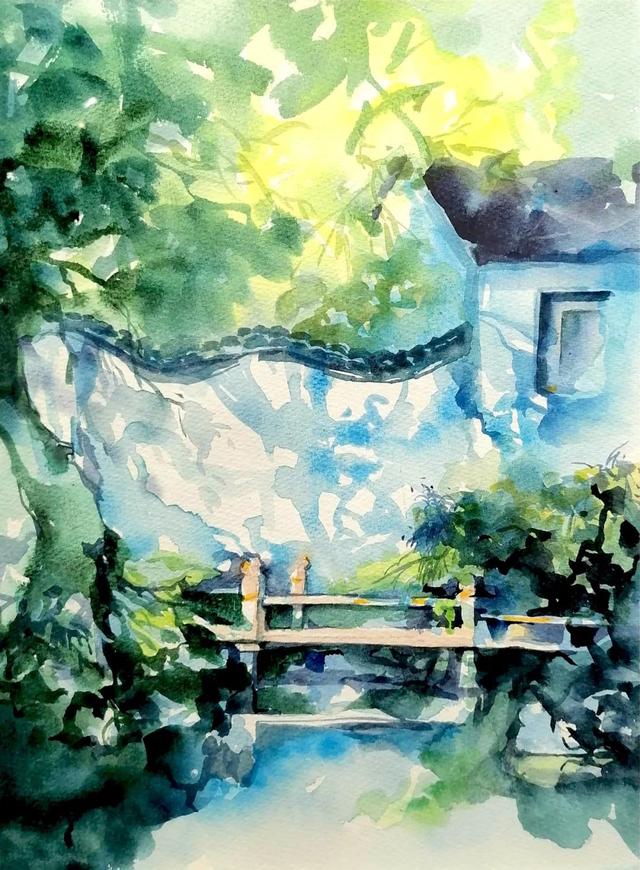 水彩画《秋霞圃(局部)》 张志岐绘