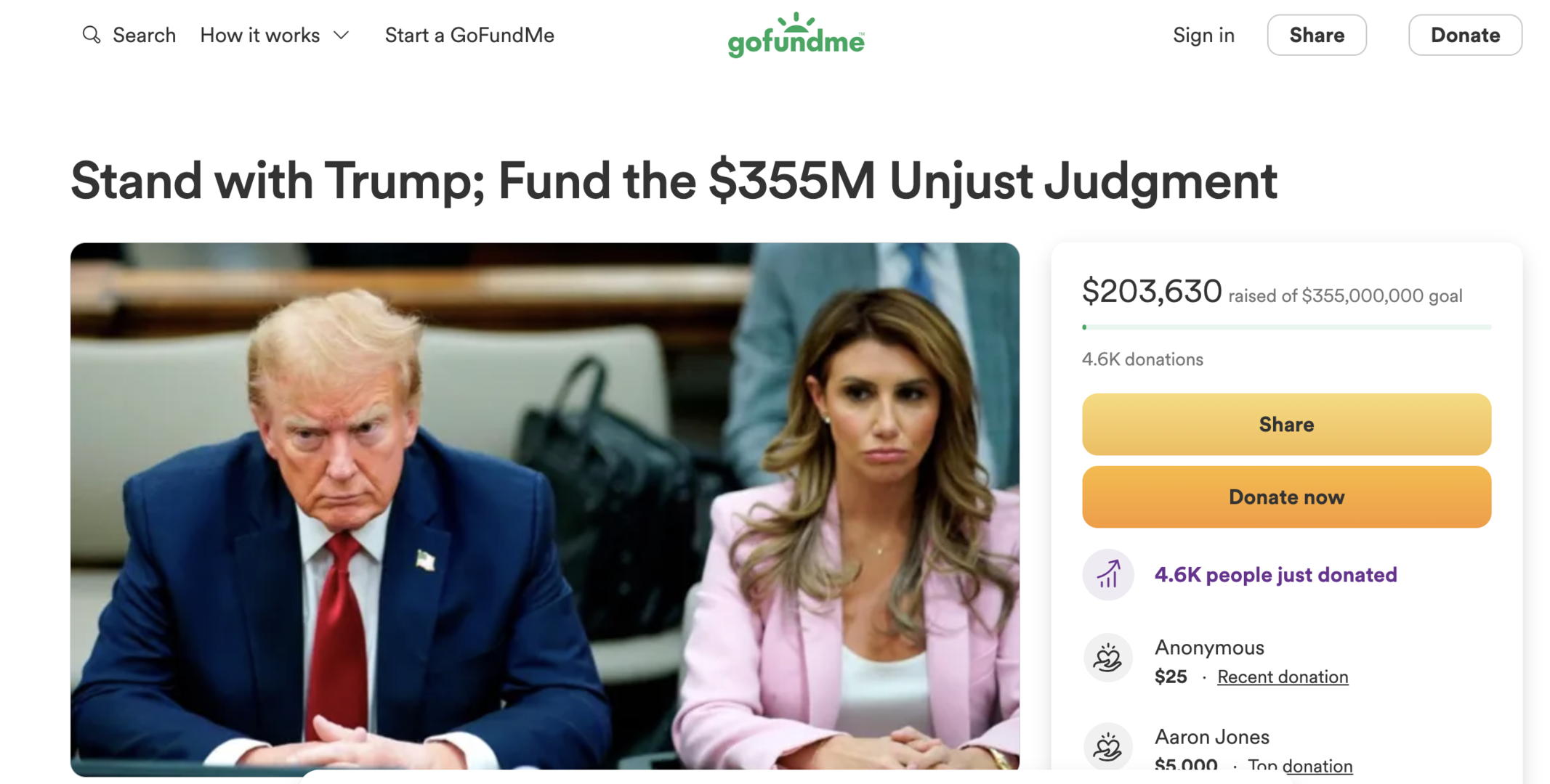 ▲特朗普的位亿万富翁捐支持者在筹款网站GoFundMe上为其发起筹款活动