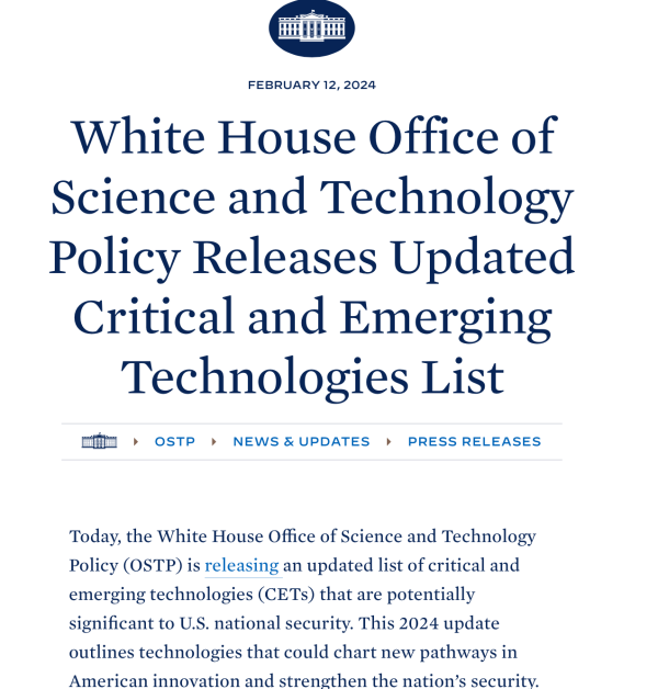 “技术”美国发布2024版关键和新兴技术清单