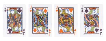 法国扑克中最早出现了黑桃,红桃,方块及梅花四个花色图案.