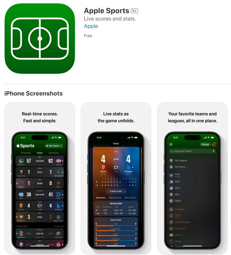 苹果推出免费体育赛事应用“Apple Sports”，美国、英国、加拿大 iPhone 用户现可下载