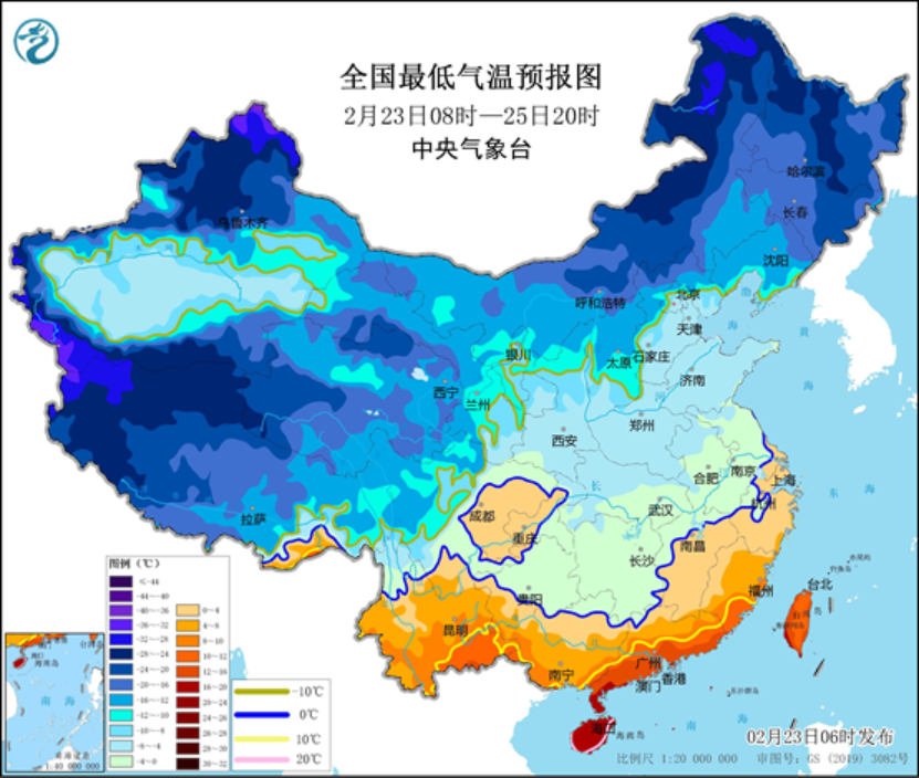 图2 全国最低气温预报图(2月23日08时-25日20时)