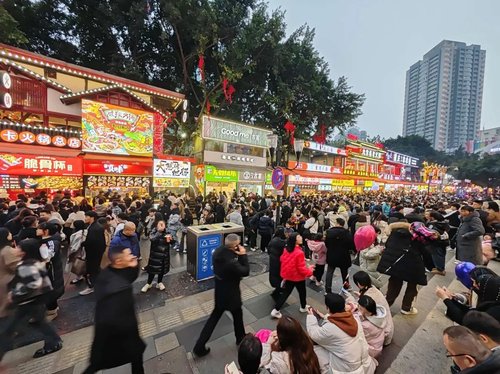 市民,游客在渝中区八一路好吃街品尝美食"专门带女友来重庆打卡她心心