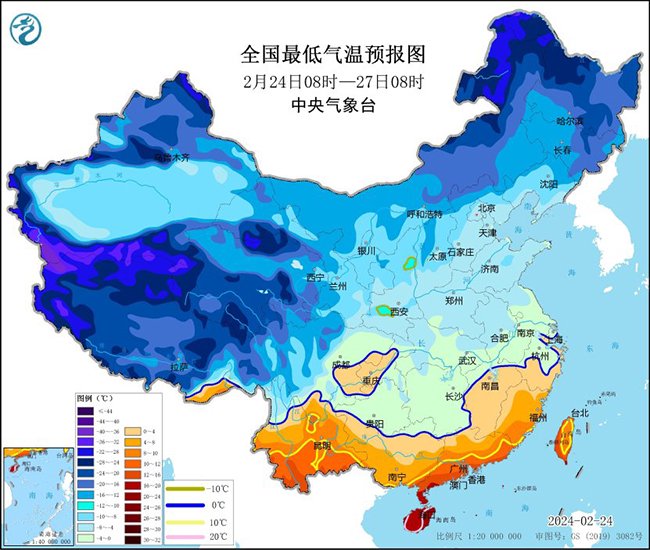 图2 全国最低气温预报图(2月24日08时-27日08时)