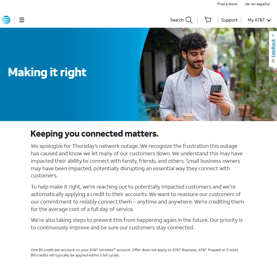 美最大运营商 AT&T 断网 10 小时后续：受影响用户可获 5 美元话费补贴