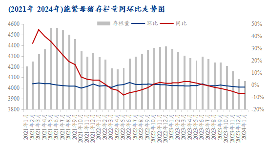 图1 2021年-2024年能繁母猪存栏量同环比走势图