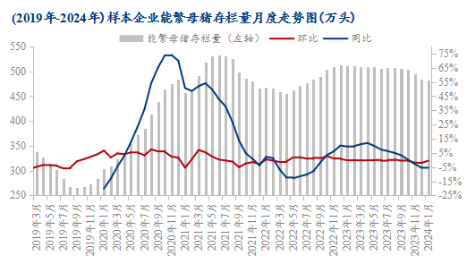 图1 &nbsp;（2019-2024年）样本企业能繁母猪存栏量月度走势图