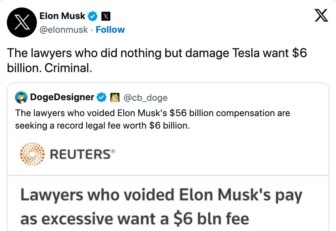 推翻马斯克550亿薪酬方案律师寻求56亿美元特斯拉股票作为律师费|减税|埃隆·马斯克|埃斯朗公司_手机新浪网