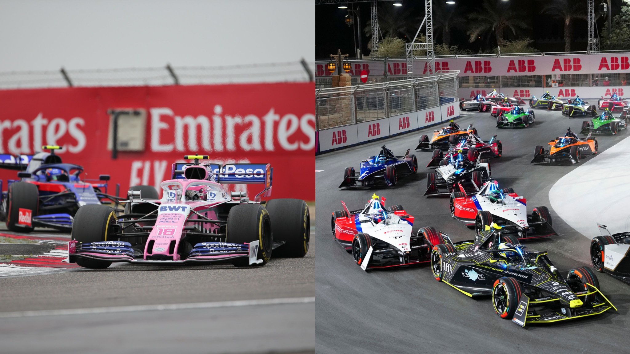 图为F1赛车（图左）与FE赛车（图右）（来源：久事体育、力盛体育）