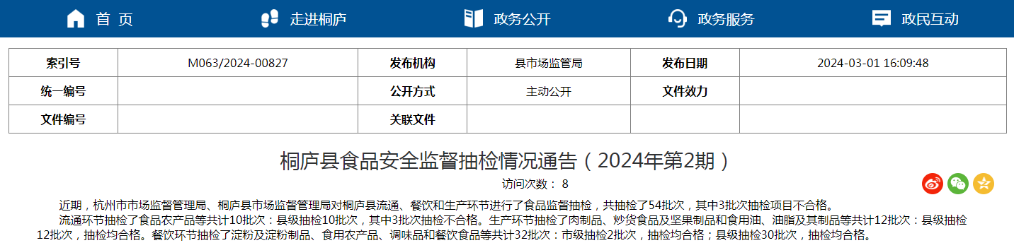 桐庐县食品安全监督抽检情况通告（2024年第2期）
