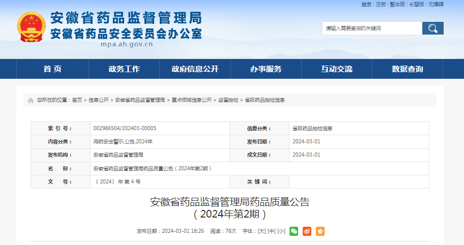 安徽省药品监督管理局药品质量公告（2024年第2期）
