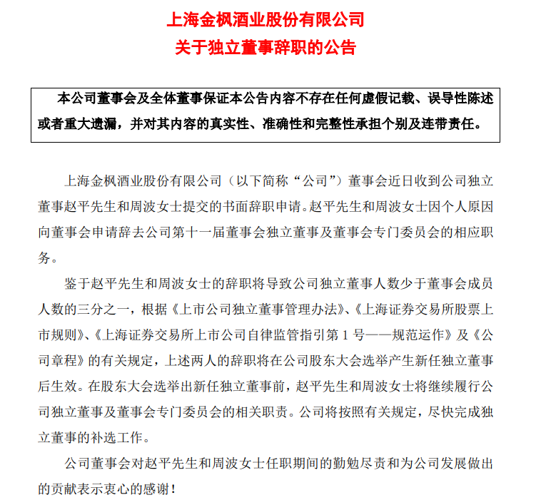 继董事长唐文杰辞职后,金枫酒业两位独立董事辞职|金枫酒业_新浪财经
