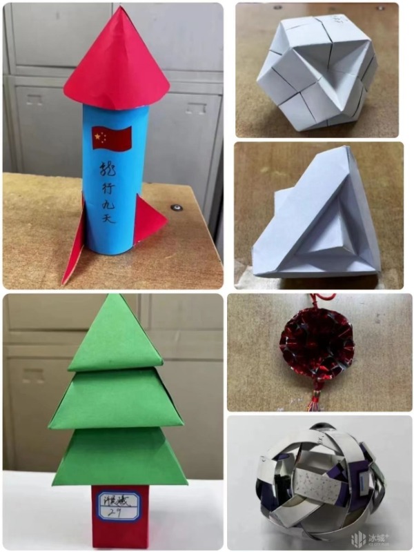 相邻两个折纸的拼接类似榫卯结构;一正一倒两个正四面体组合成立体六