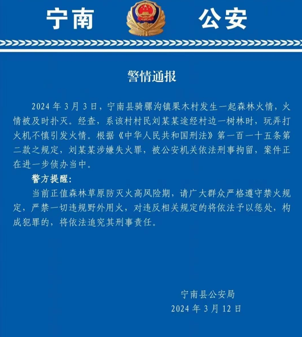 村民玩打火机不慎引发火情警方通报涉嫌失火罪已被依法刑事拘留