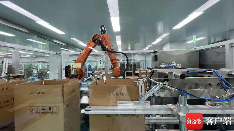 齐鲁制药(海南)有限公司高端智能生产线,机器人在自动包装药品.