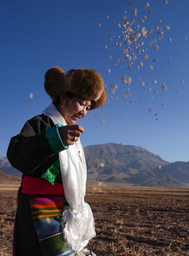 3月16日,在西藏拉萨市林周县春堆乡春耕仪式现场,农民播撒种子.