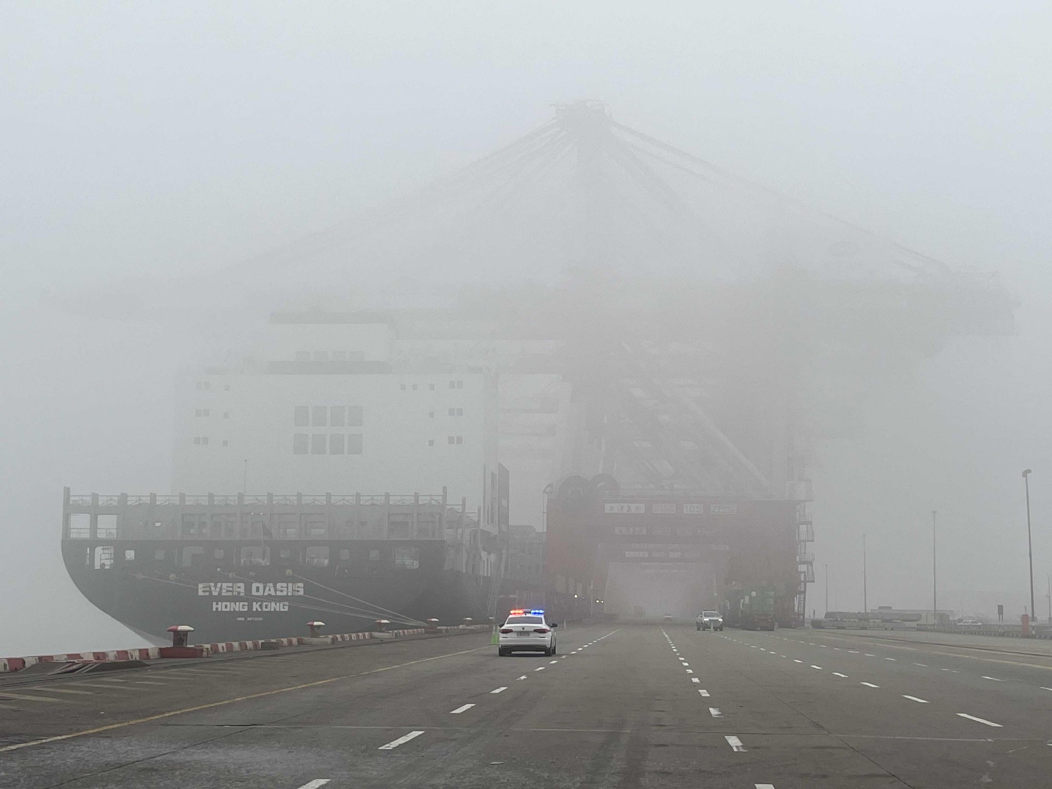 外高桥港区二期码头受大雾影响能见度低。徐振霞 图