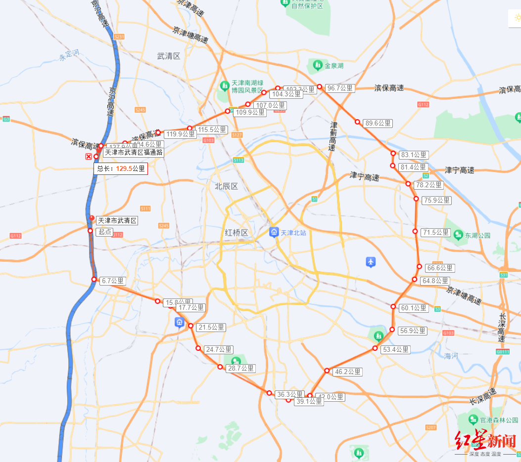 高速路出入口之间绕城一圈(图中蓝色路段为京沪高速天津段)