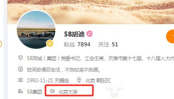 1358同城副总胡迪本科毕业开始工作 她的微博认证是北京大学硕士