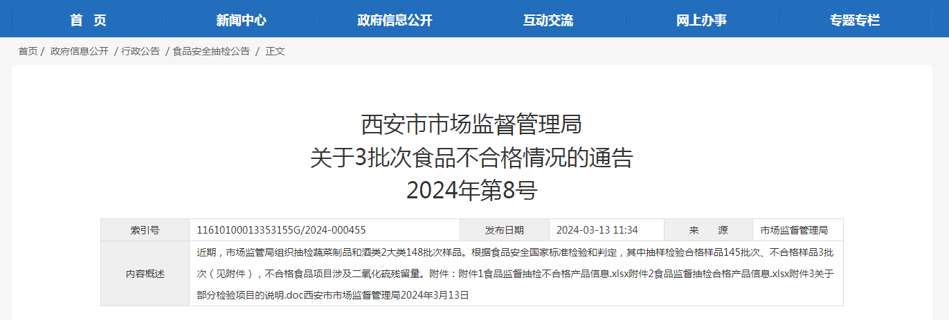 西安市市场监督管理局关于3批次食品不合格情况的通告2024年第8号