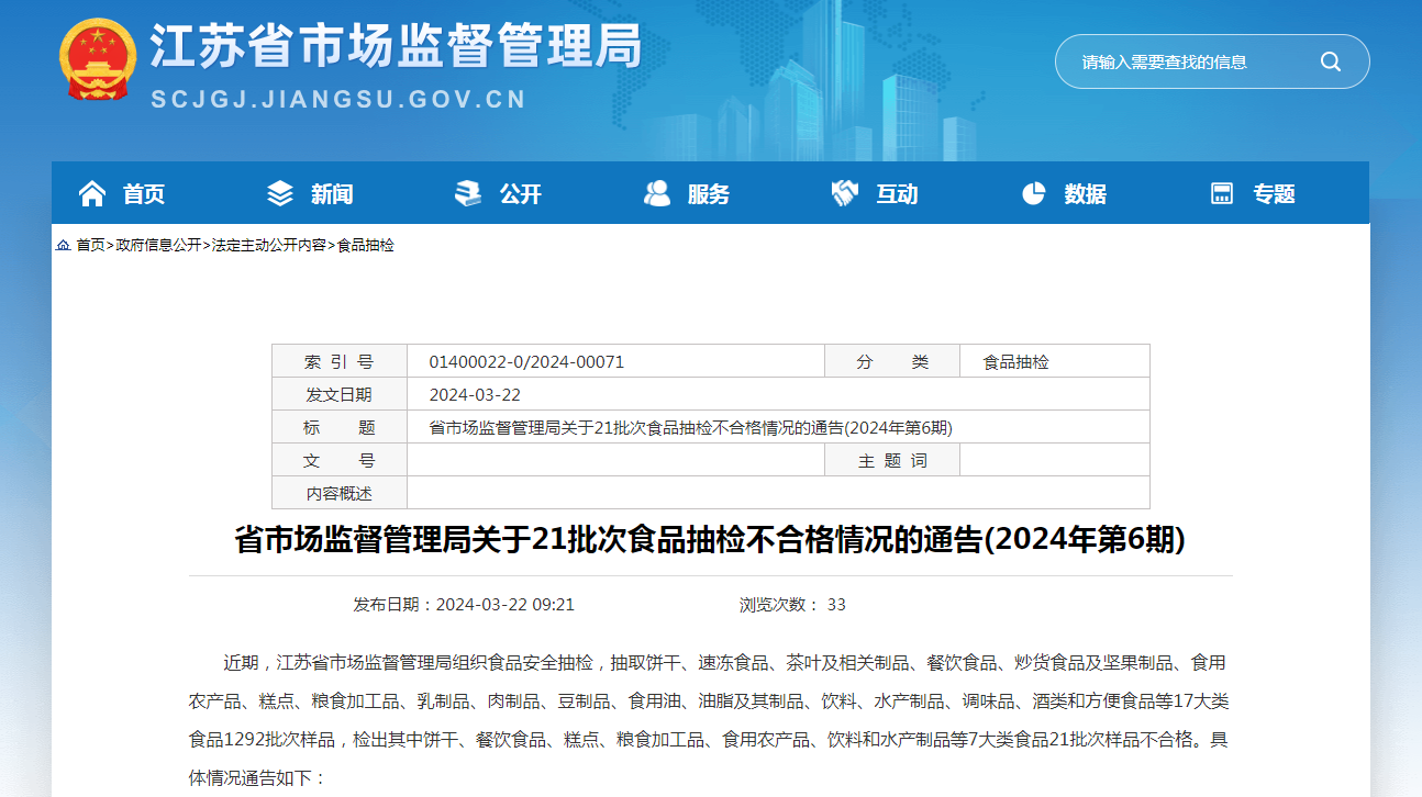 江苏省市场监督管理局关于21批次食品抽检不合格情况的通告(2024年第6