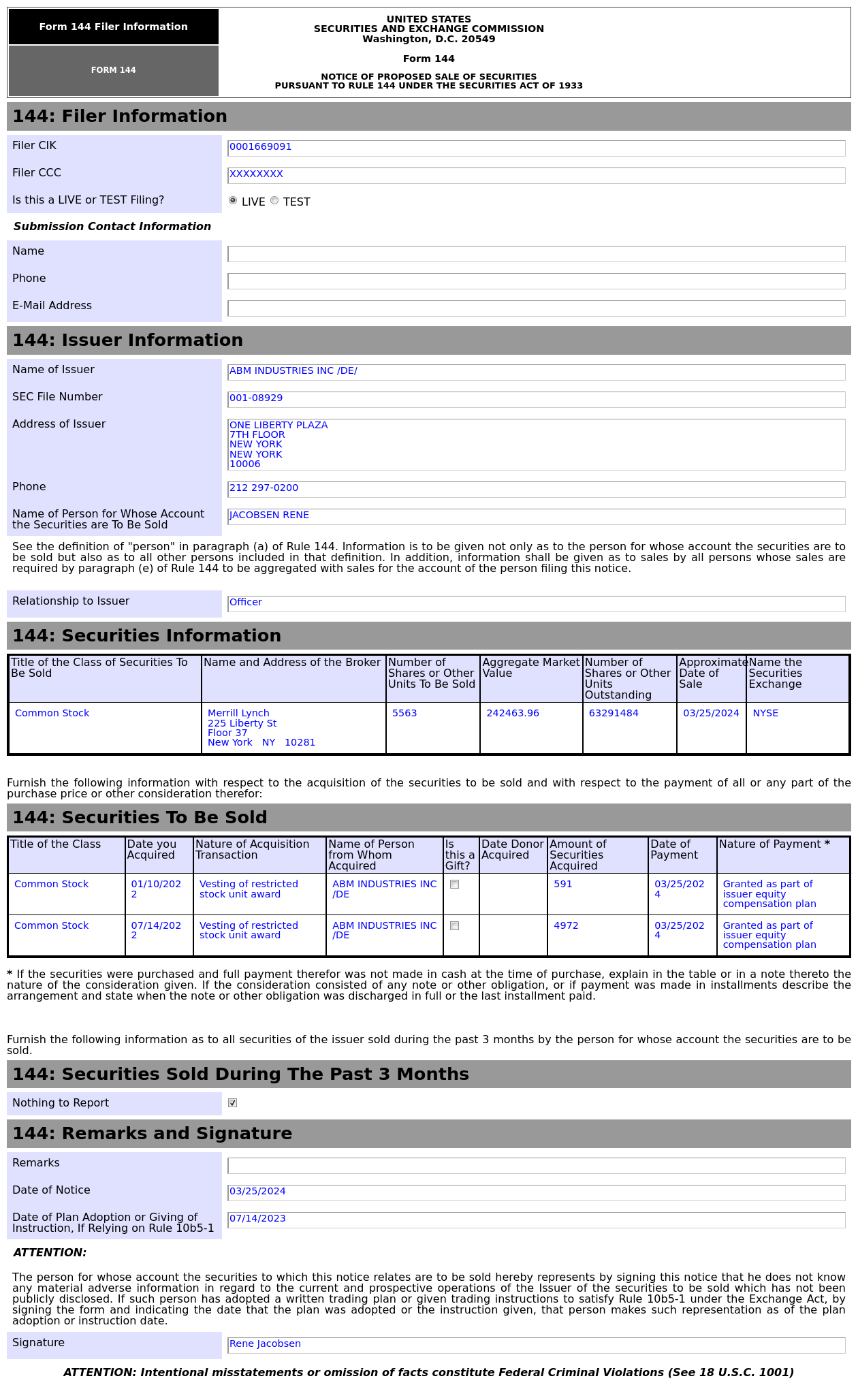 form 144 | 反导工业(abm.us)高管拟出售5,563股股份,价值约24.