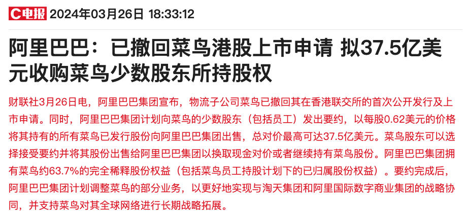 阿里270亿元收购菜鸟部分股权 政策利好刺激汽车及地产股上扬|港股