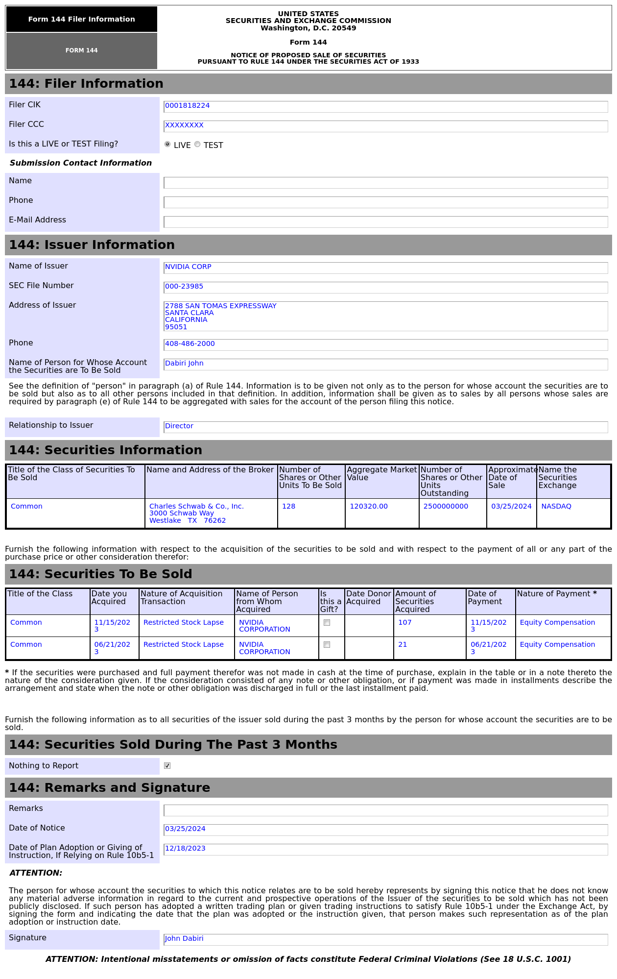 Printable Nvda Forms.pdf Form 144 | 英伟达(NVDA.US)董事拟出售128股股份,价值约12.03万美元|股票_新浪财经_新浪网