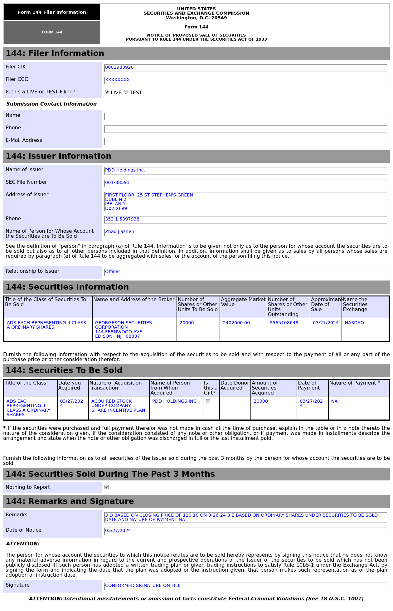 form 144 | 拼多多(pdd.us)高管拟出售2万股股份,价值约240.