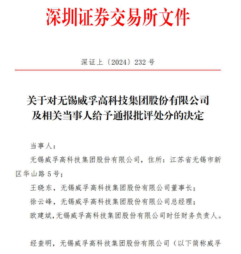 v观财报威孚高科及董事长等被通报批评