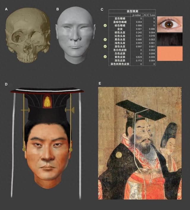 左下为北周武帝面貌复原图，右下为阎立本在《历代帝王图》中对北周武帝的描绘